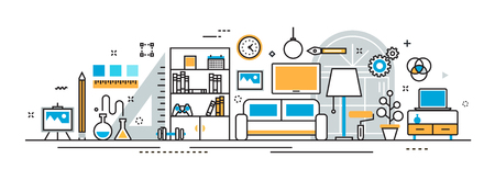 Flat line vector design illustration concept of interior design process, furniture, painting, construction, decoration for website banner, header and landing page linear, icons and infographicsのイラスト素材