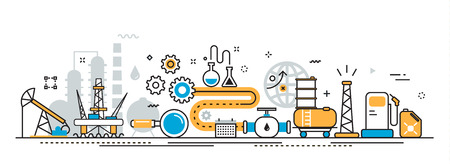 Flat line vector design illustration concept of oil and gas production industry process, petroleum product, oil extraction, valving, oil well pump for website banner header and landing page linearのイラスト素材
