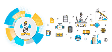 Flat line vector design concept of oil and gas production industry process, petroleum product, extraction, valving, well pump banner for website header and landing page in circles digital elementのイラスト素材