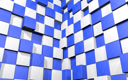 Abstract beautiful creative background of blue and white random extended and dented cubes corner of...