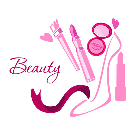 Make up style beauty logo emblem with lipstick, brush, powder, shoes, hearts, pink ribbon.のイラスト素材