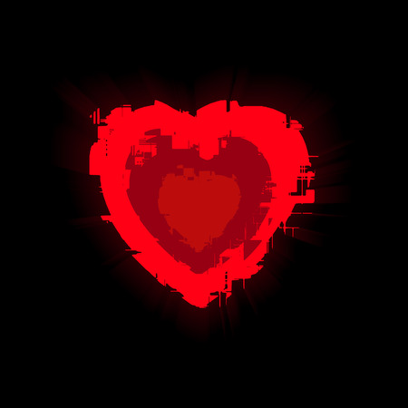 Red heart with distorted digital mechanic glitch effect with glow on modern style black background. Design elements for Valentine's day,  greeting card, banner, poster. Vector illustrationのイラスト素材