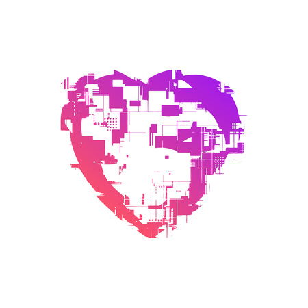 Multi heart trend social network with distorted digital mechanic glitch effect on modern style white background. Design elements for Valentine's day, greeting card, banne, poster. Vector illustrationのイラスト素材
