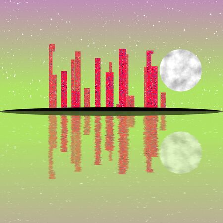 Island landscape, little town, resort, beach, flat design, illustration. Green shadows.の写真素材