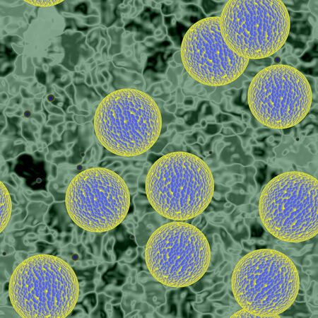 Blue green bacteria or virus spheres in liquid