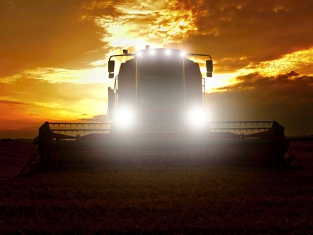 Abandoned combine harvest wheat in the middle of a farm field. Morning yellow wheat field on the sunset cloudy orange sky background.の写真素材