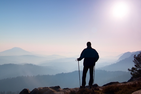 Man hiker legs in boots and poles stand on mountain peak rock. Small pine bonsai tree grows in rock.の写真素材