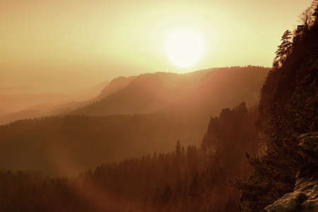 Dreamy fogy landscape, gentle orange misty sunrise in a beautiful valley of Saxony Switzerland park. Sharp hill increased from fog.の写真素材