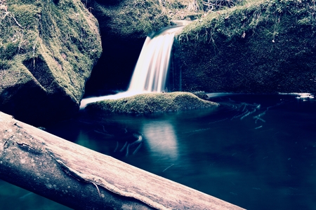 Torrent,  mountain stream with stones, rocks and fallen tree.の写真素材