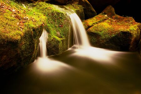 Cascade on small mountain stream. Cold crystal  water is falling over mossy boulders into small pool.の写真素材