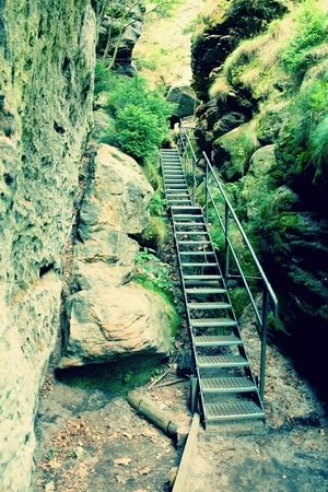Ladder stair climbing on mountainの写真素材