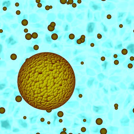A yellow mad bacteria or ugly virus ball in light blue liquid