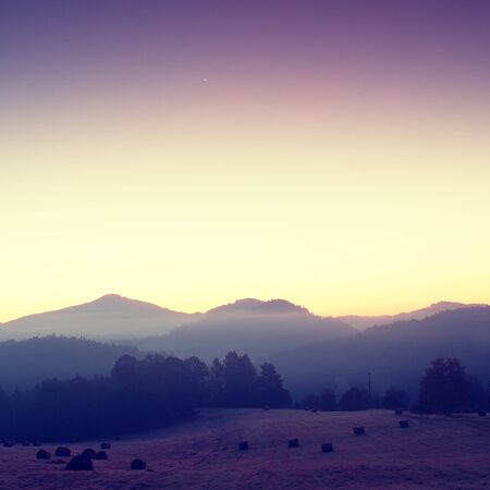 Picturesque misty sunrise in  landscape. Foggy morning meadow,の写真素材