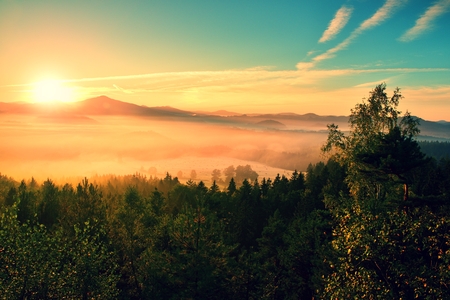 Pink daybreak in hilly landcape. Autumn misty morning in a beautiful hills. Peaks of hills are sticking out from fogの写真素材