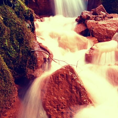 Cascades in rapid stream of mineral water. Red ferric sediments on big boulders between fernsの写真素材