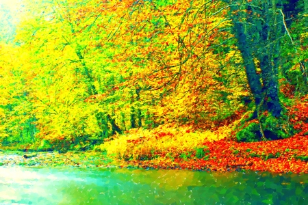 Watercolor paint. Paint effect. Autumn river bank with orange beech leaves. Fresh green leaves on branches above water make reflection. Rainy evening at the stream.の写真素材