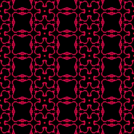 Pink red neon shapes on dark background. Rich outlined stroke. Seamless ornate traditional design.