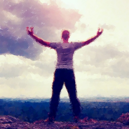 Watercolor paint. Paint effect.Gesture of triumph. Satisfy Hiker in greyshirt and dark trousars. Tall man on the peak of sandstone cliff watching down this landscape.の写真素材