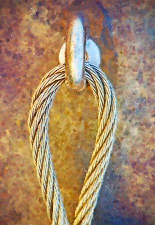 Watercolor paint. Paint effect.Detail of steel anchor bolt eye in sandstone rock. The end of the...