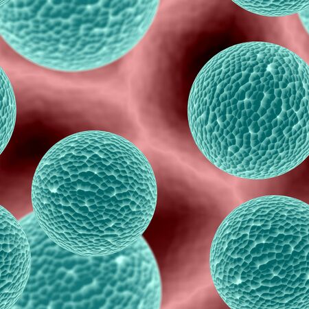 Big bright blue green dangerous bacterias or virus spheres in light blood, start of epidemic