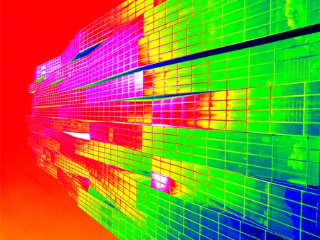 Thermal scan of  skyscraper sticking into sky. Very high steel concrete building.  Background in...