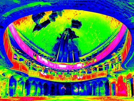 Infra scan, thermography photo. Interior of abandoned  Evangelical church. Broken ceiling, balkony, ...