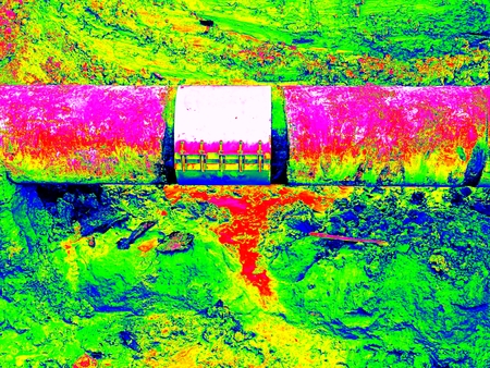 Amazing thermography photo. Excavation pit. Old drink water pipe with  stainless repairing sleeve members.の写真素材