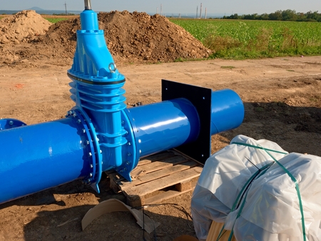500mm big new drink water Gate valve joint with screws and nuts to pipe fitting. Piping repair, unit...