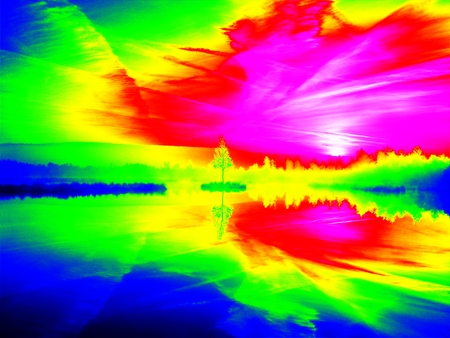Ultraviolet  scan. Infrared  photo. Early morning autumn at mountain lake in dreamy atmosphere, tree on island in middleの写真素材