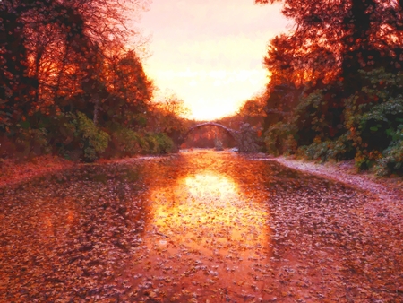 Watercolor paint effect. Rakotz bridge in Kromlau (Devil's bridge) in early morning mist, in winter,...