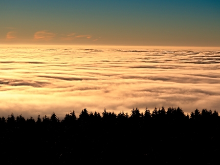 Misty valley in winter mountains. Peaks of  mountains above creamy mist.  Inverse weather, shinning...