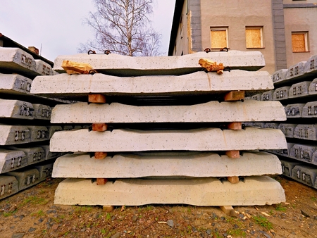 Sleepers production. Concrete casting and assembly.  New concrete railway ties stored for...