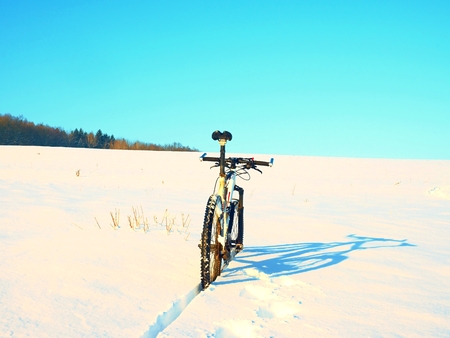 Mountain bike stay in powder snow. Lost path  in deep snowdrift. Rear wheel detail. Snow flakes melting on dark off road tyre.  Winter weather in the field.の写真素材