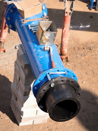 Connection HDPE pipe and main steel pipeline, gate valve. Welded plastic pipe, screw connection...