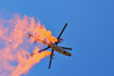 Memorial Airshow, 24th of June 2017, Roudnice, Czech Republic. Air Force Mi-24V attack helicopter flying a demonstration at the International Exhibitionのeditorial素材