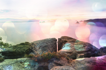 Lens defect. Autumn landscape. Morning view over sandstone cliff into deep misty valley. Sandstone peaks increased from foggy background, the fog is orange due to sunrise.の写真素材