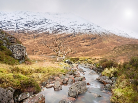 Cold foggy day in spring Higland mountains in Scotland. Snowy cone of mountains in heavy clouds. Dry grass and heather bushes on stream banks.の写真素材
