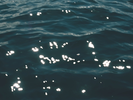 Bright sparkling water in darkness. Slow motion, abstract blurry background at the water level.の写真素材