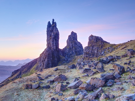 Old Man of Storr rocks with clear sky Isle of Skye Scotland, cold February morningの写真素材