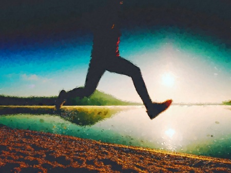 Oil painting, brush strokes.  Tall fit man running fast by the sea on the beach. Powerful runner training outdoor in summer morning.の写真素材