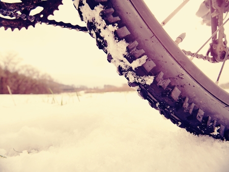 Close-up of the rear wheel of mountain bicycle in snowy meadow in the countryside. Detail of the...