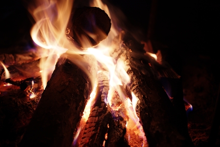 Natural firewood in the fireplace, detail view into BBQ fire burning hardwood,  background barbeque...