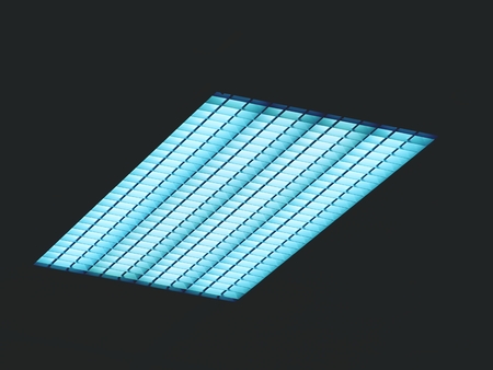 Luminous ceiling of square panels, blue toned light. Fluorescent lamps on the modern ceiling.の写真素材