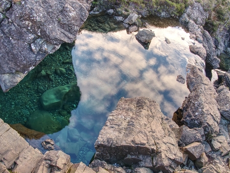 The Fairy pools with waterfall. The river bellow  majestatic Glen Brittle mountain, popular hikers trail. Isle Of Skye inner Hebrides,  Scotlandの写真素材