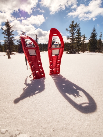 Snowshoes standing in snow against of snowy hills and mountains. Winter walks with forests and mountains.の写真素材