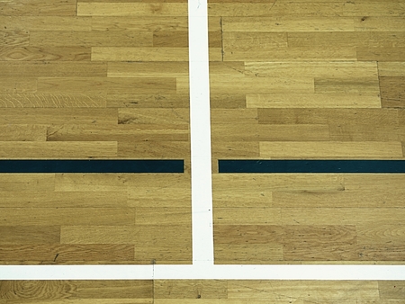 Vintage wooden floor with white lines.  Photo on top view by drone.の写真素材