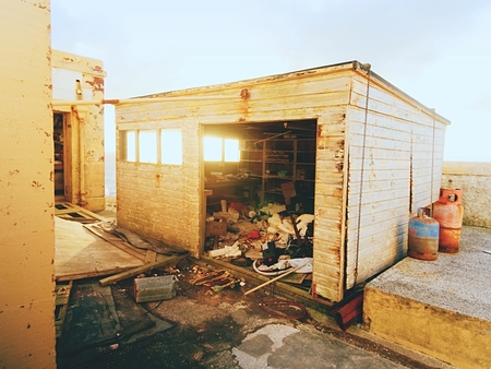 Must see Neist Point lighthouse. Mess inside of abandoned building. Popular travel destination on  Isle of Sky, Scotland.の写真素材