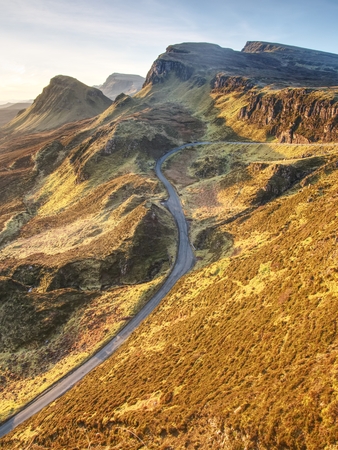 Landscape view of Quiraing mountains on Isle of Skye, Scottland. Sunny winter middaywith clear skyの写真素材