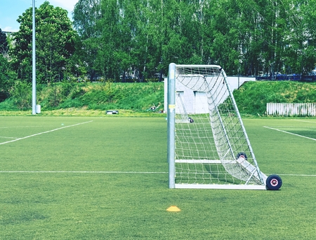 The Soccer Goal in summer. Empty training gate for classic fotbal on green grass playground. Trees around the stadiumの写真素材