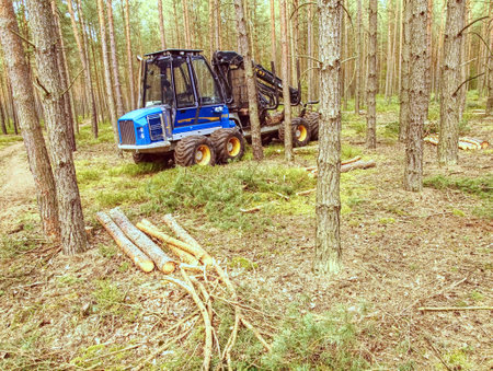 Harvesting in forest - 22th of March 2014. Harvester cut pine trees. Heavy duty machine timber harvester. The harvester working in a forest.のeditorial素材